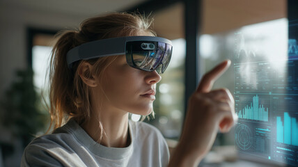 Young woman uses smart glasses to interact with digital data in a modern workspace Generative AI