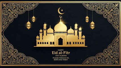 Eid al-Fitr Celebration with Golden Mosque Illustration.