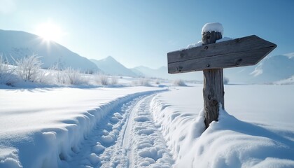 Fototapeta premium Trail marked by wooden sign covered in snow. Winter mountain landscape under clear blue sky with sun. Winter season, adventure journey destination. Path leads forward in snowy land during daylight.