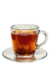 Watercolor of transparent glass teacup, hot amber black tea, steam, on glass saucer, on white with copy space. Serene comfort and artistic elegance