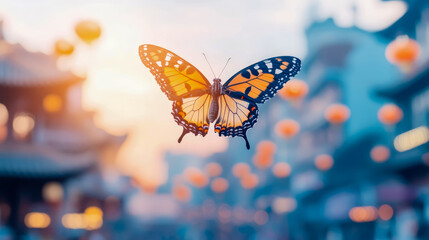 Majestic orange butterfly captured in flight against beautifully blurred teal cityscape filled with glowing festive lanterns and warm, dreamy sun flares.