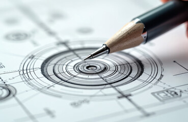 Pencil tip nears intricate concentric circles on technical blueprint. Detailed engineering drawing shows optical lens design. Precision drafting illustrates complex mechanical part.