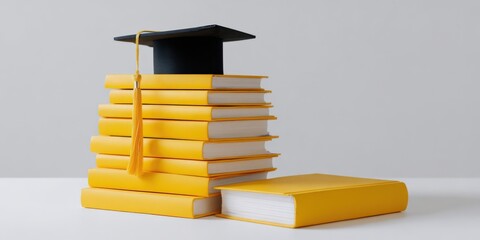 Graduation cap on stack of yellow books symbolizing education and success