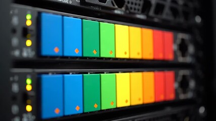 Close up of colorful server storage modules with status indicator lights in a data center rack. - Powered by Adobe
