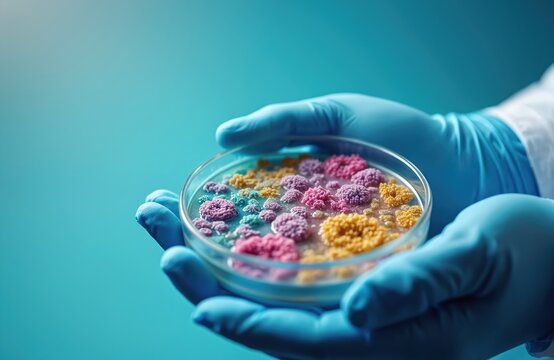 Scientist holds petri dish with colorful bacterial colonies growing in lab. Blue gloved hands manage culture medium, showing microbial growth for research and medical testing.