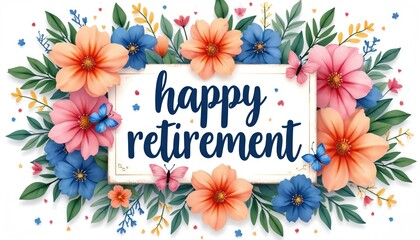 Floral design with butterflies announces happy retirement. Elegant typography and vibrant blossoms on white background. Perfect for party invitations and announcements.