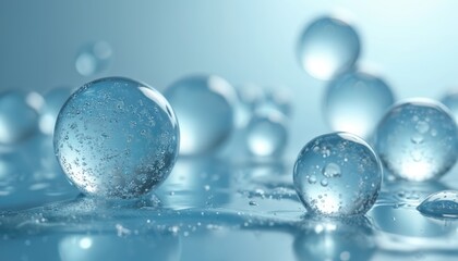 Clear blue spheres with bubbles float on a wet surface. Some spheres are large and detailed with internal textures. Others are small and blurred in background. The scene is illuminated by soft light.