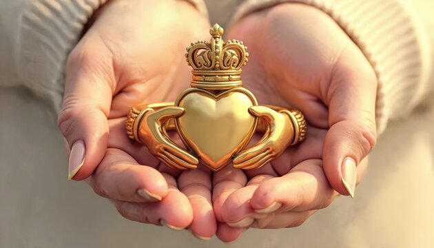 Close up photo shows golden Claddagh ring held in hands. Jewelry piece features a heart crown design. Elegant accessory symbolizes love loyalty friendship. Beautiful ornament of Irish heritage.