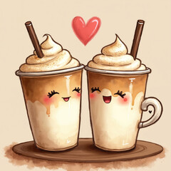 Two cute cartoon coffee cups smile next to each other with love heart above. Sweet cafe latte drinks show happy emotions, expressing care. Comic art illustration of relationship and joyful moment.