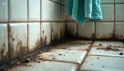 Dirty bathroom corner with mold and grime on tiles. Needs cleaning and hygiene upkeep. Towel hangs nearby. Shows neglect and unsanitary conditions.