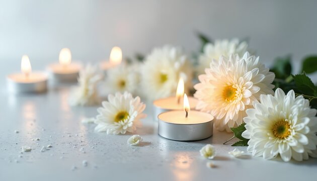 Chrysanthemums, burning candles on grey surface. White flowers symbolize peace, sympathy. Candles provide soft light. Floral still life evokes comfort, relaxation, calmness. Remembrance scene for