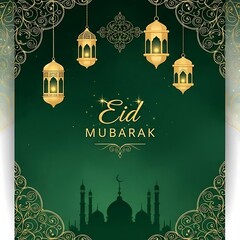 Eid Mubarak Greeting Card with Lanterns.