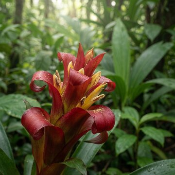 A single vriesea flower, serene mood, opening dew-covered petals in a photorealistic macro shot amid lush greenery against a backdrop of soft, diffused daylight.