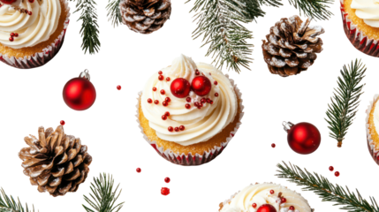 Christmas cupcakes with pinecones and ornaments on transparent background