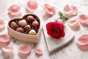 Valentine's restaurant hotel promotion visual, chocolate & rose on elegant marble, pastel tones for romantic package appeal