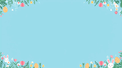 A charming flat design features Easter bunnies, colorful eggs, and vibrant spring flowers Generative AI