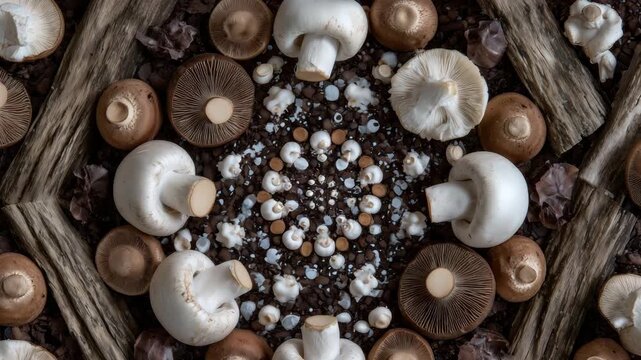 Organic mushroom pattern, white button mushrooms and brown cremini, whole and sliced, arranged in repeating seamless design on natural wooden or earthy background