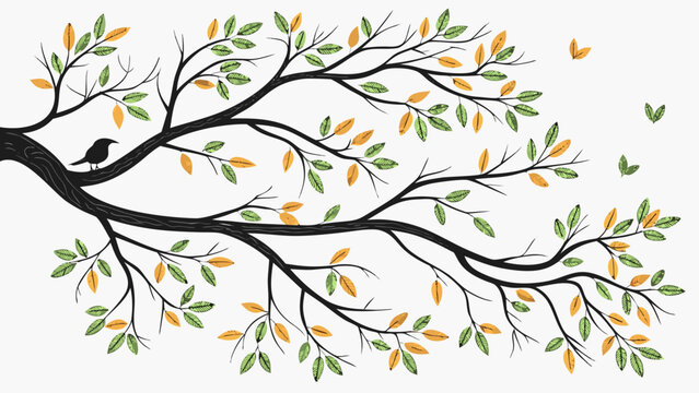 Silhouette of a Bird on a Branch with Colorful Leaves.