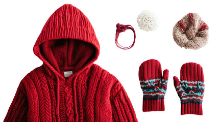 Red knit hoodie set with accessories on transparent background