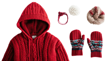 Red knit hoodie set with accessories on transparent background