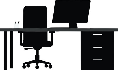 Office desk, computer monitor, office chair, drawer unit, pencil holder, writing utensils, workspace silhouette, minimalist design, productivity, ergonomic setup