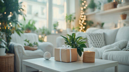 Cozy living room decorated with plants and string lights, featuring wrapped gift and lit candle on coffee table, creating warm and inviting atmosphere for holidays or special occasions.