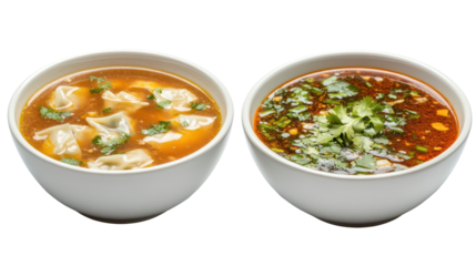 Delicious soup bowls with ingredients on transparent background