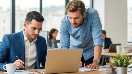 Dynamic team collaborating intently on laptop creating innovative solutions in bright modern office space for impactful business results - Powered by Adobe