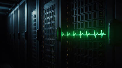 Vital Pulse: A data center pulses with energy as an illuminated green waveform charts its life, symbolizing the heartbeat of information technology in a network infrastructure.