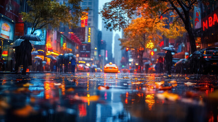 rainy city street scene with colorful reflections and urban life