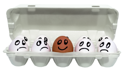 Chicken eggs with funny faces on a white background. An isolate from a group of eggs in a box.