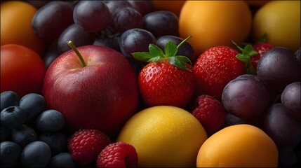 Vibrant still life arrangement of assorted fresh fruits featuring s strawberries grapes berries and citrus captured with rich moody lighting