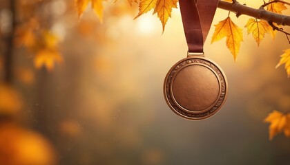 Bronze medal hangs from autumn tree branch. Award is suspended with brown ribbon in nature. Leaves surround the medal highlighting success in sport event or competition.