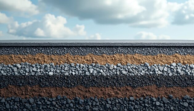 Detailed cross section of road layers with cloudy sky. Layers include asphalt gravel soil, concrete. Shows road construction, foundation. Illustration suits structural engineering, geology concepts