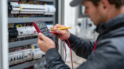 Professional electrician wiring a fuse switch box, detailed view of hands adjusting cables, multimeter probes checking voltage, modern electrical panel in sharp focus
