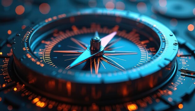 Closeup compass displays direction. Navigation instrument points way for strategy. Modern compass with blue illumination showcase innovative guidance. Concept of direction for management. Planning - Powered by Adobe