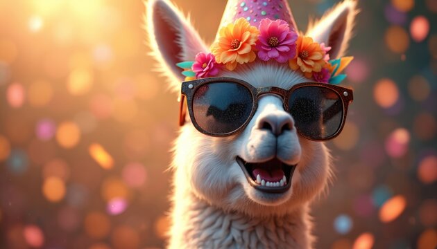 Happy llama wearing sunglasses party hat. Festive animal illustration smiles. Cheerful Alpaca celebrates birthday. Fun llama with flower crown enjoys celebration.