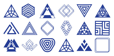 Collection of blue geometric abstract shapes and symbols white