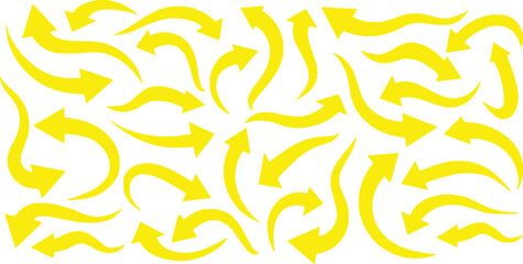 Collection of bright yellow curved and straight arrows pointing in multiple directions