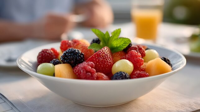 A white bowl brimming with fresh berries melon and grapes garnished with mint served at a table with people and drinks in soft morning light - Powered by Adobe