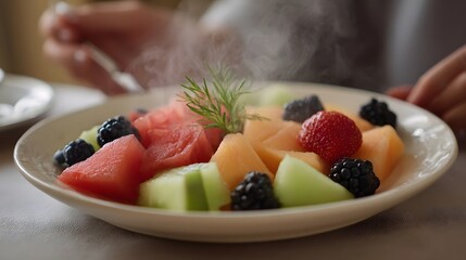 A vibrant bowl of mixed fresh fruit slices with steam rising served with a garnish
