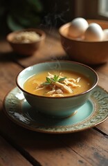 Close up of creamy soup with meat pieces served in bowl on rustic table. Nutritious hot dish ready for lunch. Healthy eating concept. Bowl of eggs at background.