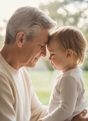 Man and child with foreheads together, showing connection and love. Generation gap concept for family bonding.