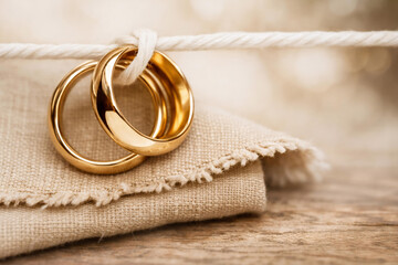 a pair of gold wedding rings on the edge of a beige fabric background
