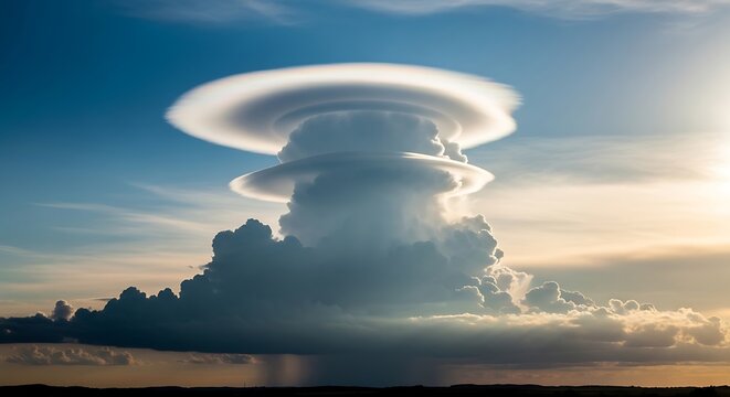 A dramatic lenticular cloud formation hovers in the sky above distant land. - Powered by Adobe