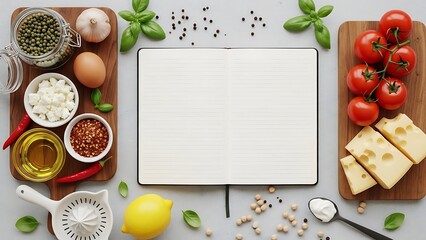 Creating a fitness meal plan with a planner surrounded by healthy food ingredients