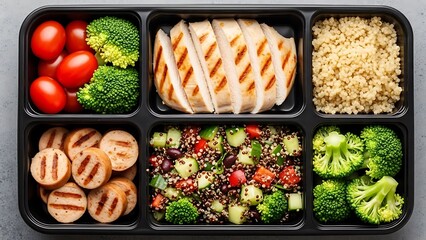 Healthy meal prep with fitness planner featuring grilled chicken and vegetables