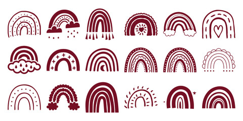 Collection of maroon hand drawn boho rainbows with clouds sun heart stars and rain