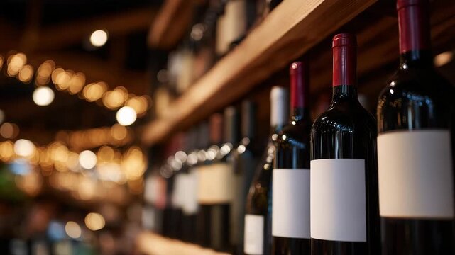 Rows of wine bottles on rustic wooden shelves, photographed in warm, cozy lighting, showcasing natural indoor setting and well-organized wine storage