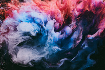 Abstract colorful smoke background. Moving flow of blue, red, white paints, fluid art